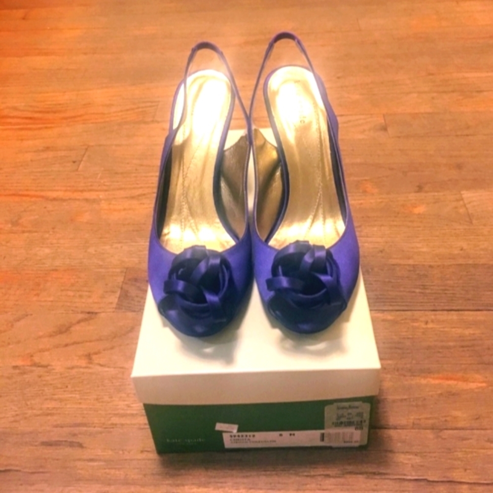 Elegant Kate Spade 8 M  Purple Satin Leather Slingback Heels Prom Bridesmaid - Picture 7 of 8